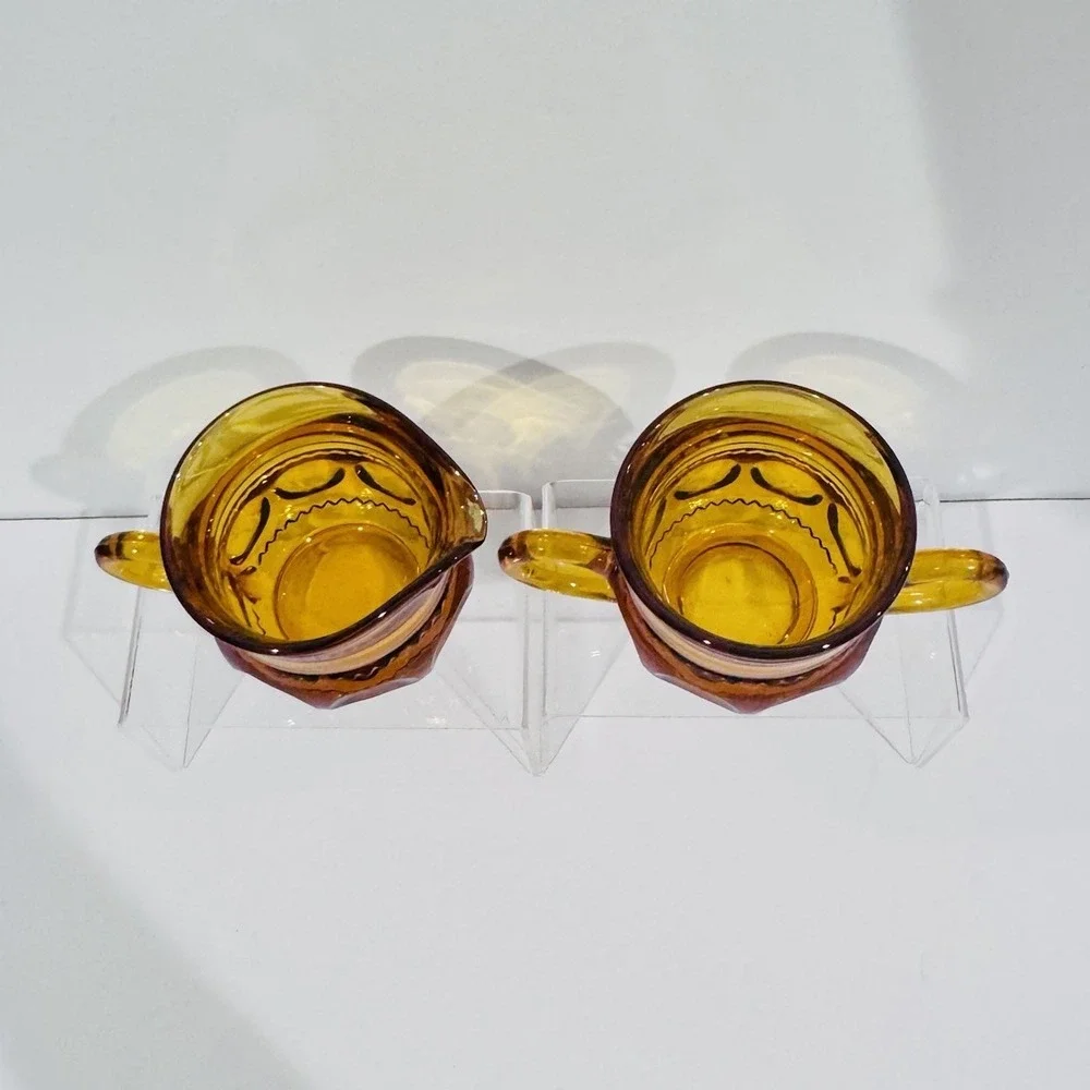 Vintage Indiana Glass Kings Crown Amber Creamer &‎ Sugar Set No Damage